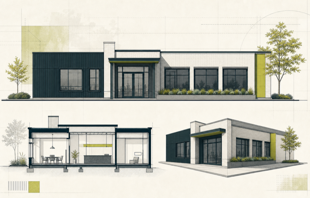 Commercial office elevation, section, and 3D model