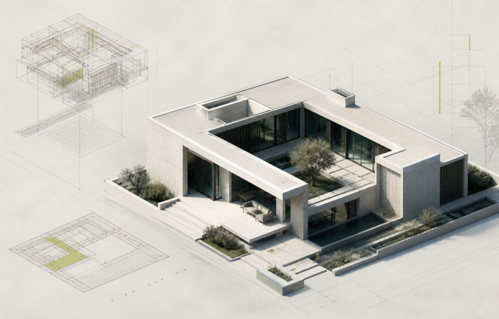3D model of a modern courtyard residence