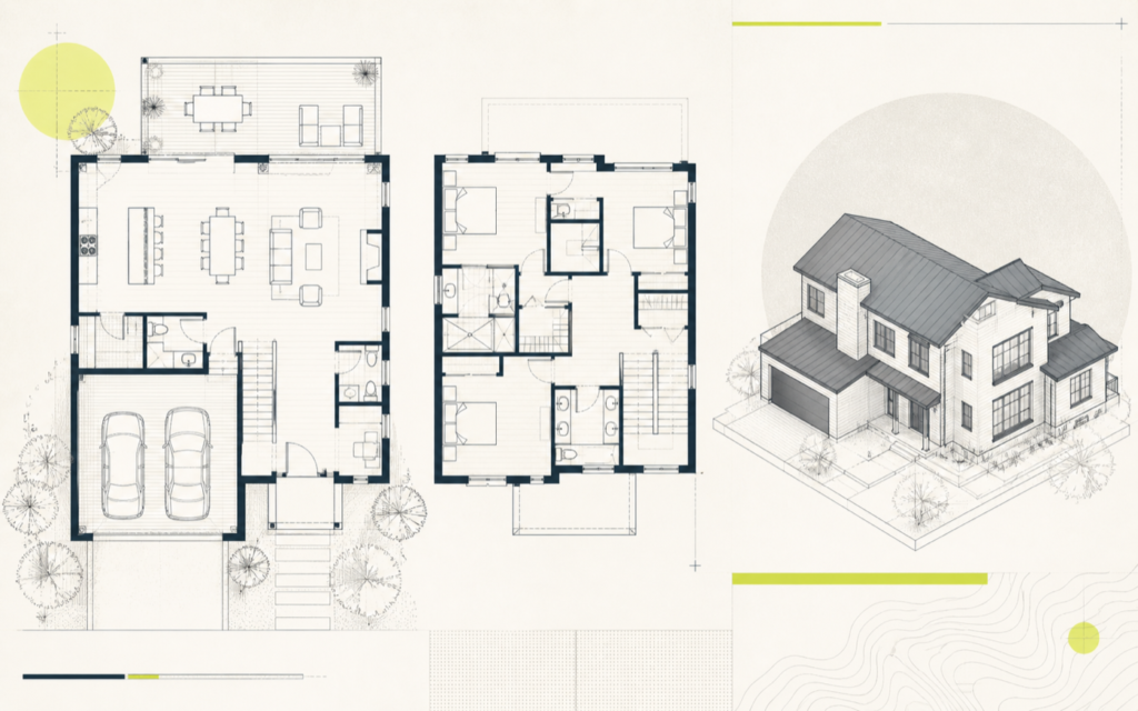 Residential floor plans and axonometric house drawing