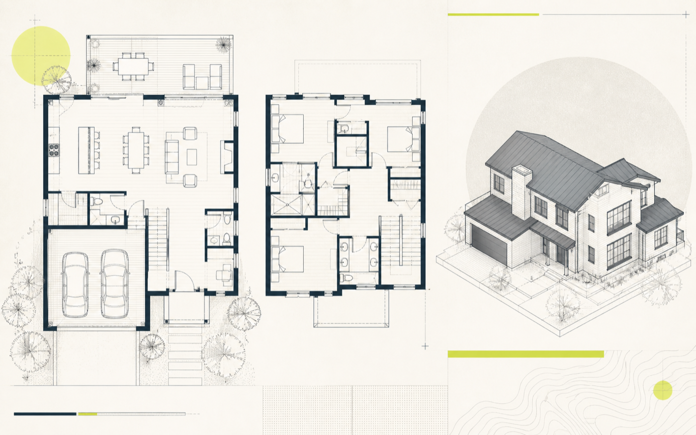 Residential floor plans and axonometric house drawing